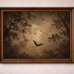 May include: A framed wall art print featuring a sepia-toned scene of a large, luminous full moon partially obscured by clouds. Silhouettes of several bats are flying across the moon and sky, framed by the dark, detailed branches of trees.