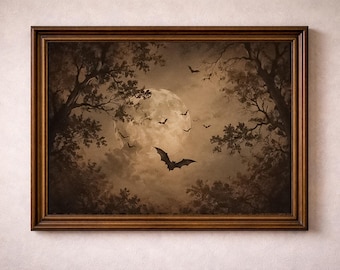Vintage Bat Wall Art | Gothic Halloween Printable | Moon Bat Print | Dark Academia Decor | Spooky Halloween Wall Art | Digital Download