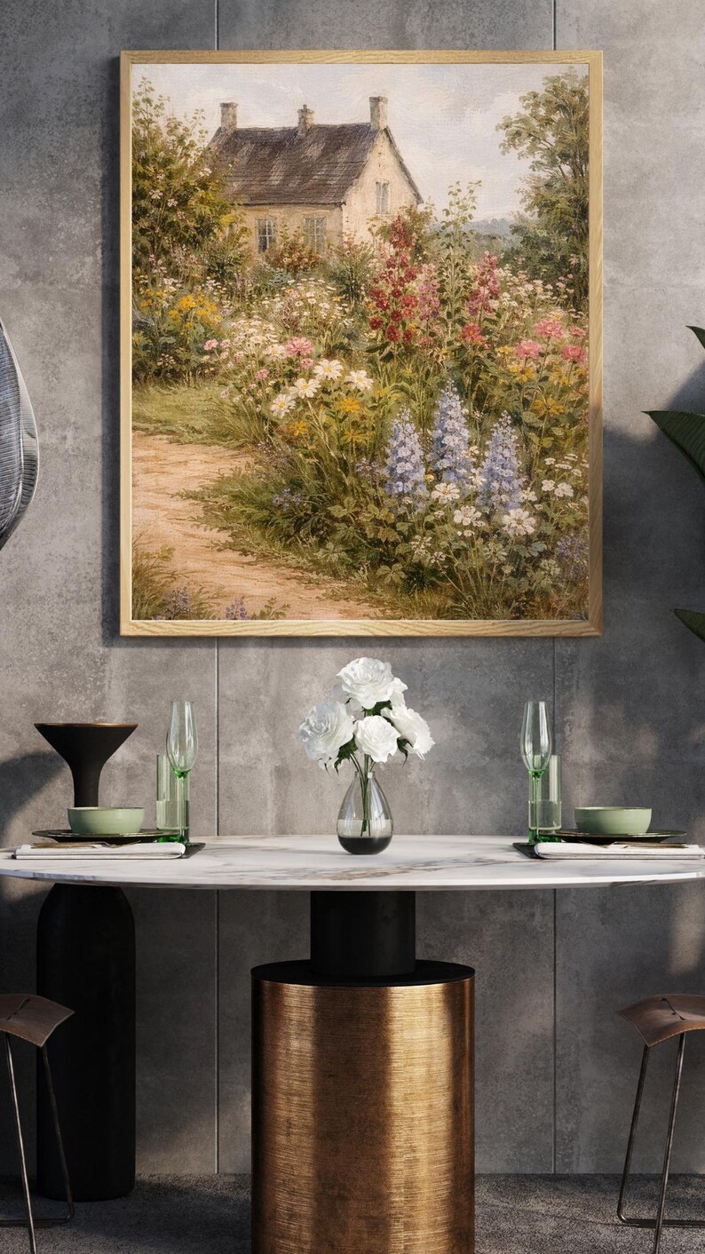 Vintage Cottage Garden Wall Art, English Countryside Floral Painting ...