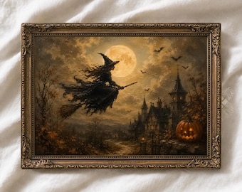Vintage Witch Halloween Print | Flying Witch Wall Art | Gothic Halloween Decor | Moonlit Pumpkin Printable | Dark Cottagecore Art | Digital