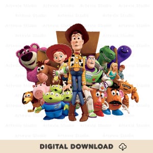 Puede incluir: Un gr&aacute;fico de descarga digital con un grupo de personajes de Toy Story, incluyendo a Woody, Buzz Lightyear y otros. Los personajes est&aacute;n dispuestos en un estilo de dibujos animados colorido. El texto "DIGITAL DOWNLOAD" est&aacute; en la parte inferior.