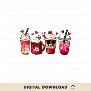 Könnte beinhalten: Digitaler Download mit vier illustrierten Getränken. Die Getränke umfassen einen rosa Eiskaffee mit Herzen, eine Minnie-Maus-Tasse, eine Mickey-Maus-Tasse und ein rosa Getränk mit Herzen. Der Text "DIGITALER DOWNLOAD" befindet sich unten.