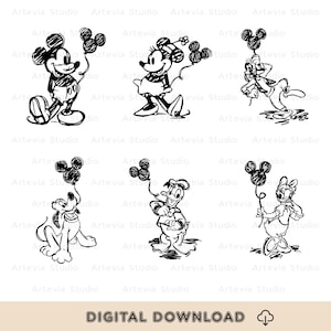 Puede incluir: Dibujo lineal en blanco y negro de Mickey Mouse, Minnie Mouse, Goofy, Pluto, Donald y Daisy, cada uno con globos con forma de Mickey Mouse. La frase "DESCARGA DIGITAL" está en la parte inferior.