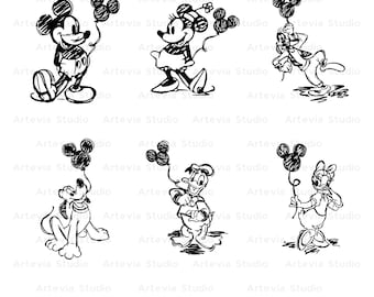 Retro Disney Characters PNG Bundle, Mickey Minnie Donald Daisy Pluto Goofy Clipart, Vintage Cartoon Sublimation, Cricut Shirt Design