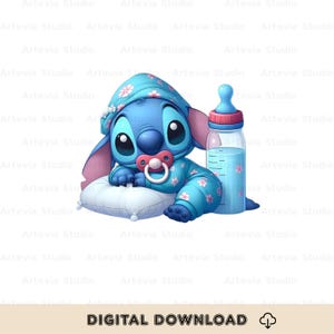 May include: A blue cartoon character in pajamas and a nightcap, holding a pacifier, rests on a pillow next to a baby bottle. The character is decorated with pink flowers. The image has the text "DIGITAL DOWNLOAD".