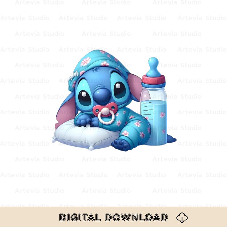 May include: A blue cartoon character in pajamas and a nightcap, holding a pacifier, rests on a pillow next to a baby bottle. The character is decorated with pink flowers. The image has the text "DIGITAL DOWNLOAD".