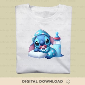 May include: White t-shirt featuring a blue cartoon character in a baby outfit, pacifier, and bottle. The character is wearing a floral-patterned hat and pajamas. The words "DIGITAL DOWNLOAD" are at the bottom.