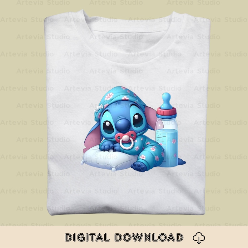 May include: White t-shirt featuring a blue cartoon character in a baby outfit, pacifier, and bottle. The character is wearing a floral-patterned hat and pajamas. The words "DIGITAL DOWNLOAD" are at the bottom.