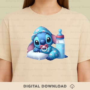 May include: A blue cartoon character wearing a floral pajama set, hat, and pacifier, resting on a pillow next to a baby bottle. The image has the text "DIGITAL DOWNLOAD" at the bottom.