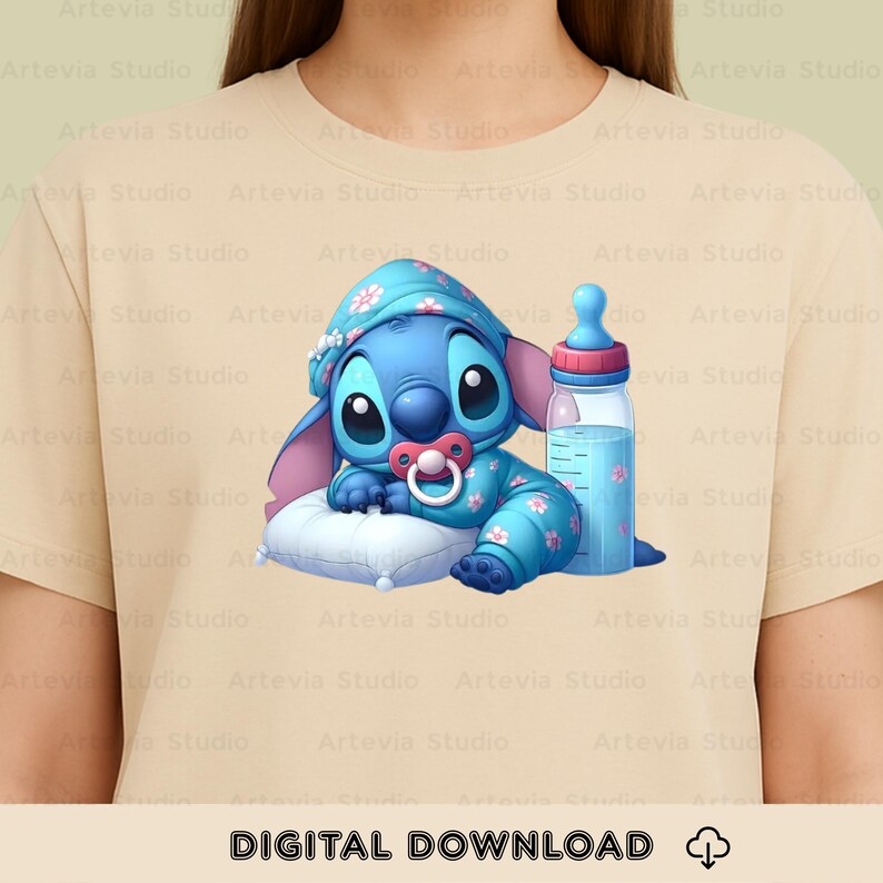 May include: A blue cartoon character wearing a floral pajama set, hat, and pacifier, resting on a pillow next to a baby bottle. The image has the text "DIGITAL DOWNLOAD" at the bottom.