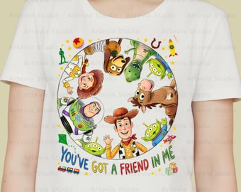 Toy Story Friends PNG, Woody Buzz Lightyear Jessie Bo Peep Slinky Dog Design, Infinity and Beyond tecknad skjorta grafik