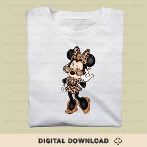 May include: White t-shirt with a cartoon Minnie Mouse design in a leopard print outfit and sunglasses. The image includes the text "DIGITAL DOWNLOAD".