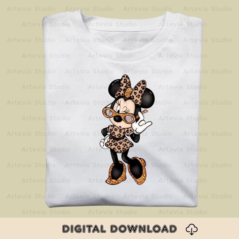 May include: White t-shirt with a cartoon Minnie Mouse design in a leopard print outfit and sunglasses. The image includes the text "DIGITAL DOWNLOAD".