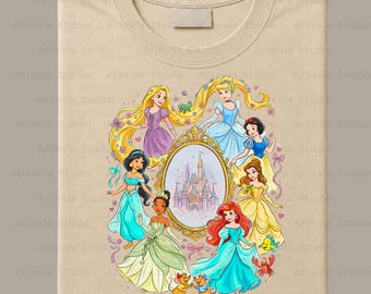 Princesas da Disney em PNG, Cinderela, Branca de Neve, Rapunzel, Ariel, Bela, Tiana e Jasmine, Design de Camiseta de Aniversário de Princesas, Clipart de Castelo de Conto de Fadas