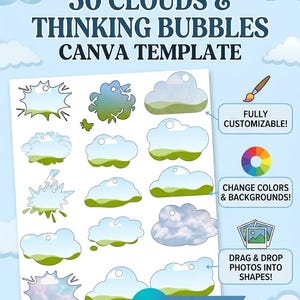 50 Editable Cloud & Thinking Bubble Canva Elements (Digital Download)