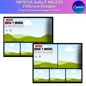 May include: A digital template featuring Netflix Sofia Y Miguel branding with a landscape background of green hills and white clouds. The layout includes multiple frames for image placement, play and add icons, and a five-star rating graphic.