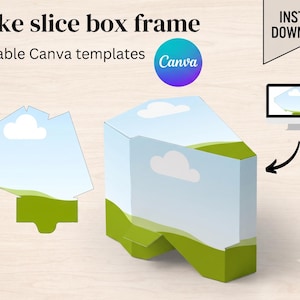May include: Cake slice box frame editable Canva templates featuring a flat die-cut layout and a three-dimensional assembled box. Both display a blue sky with white clouds and green hills. Includes icons for computer, phone, and Canva logo.