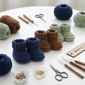 May include: A collection of handmade crochet baby booties in blue, brown, and green, alongside yarn balls, crochet hooks, scissors, and stitch markers. The scene is set on a white surface, showcasing the tools and materials for crafting.