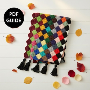 Puede incluir: Una manta de ganchillo multicolor con un diseño de tablero de ajedrez en varios colores, incluyendo rojo, verde, azul y amarillo. La manta tiene un borde festoneado y borlas negras. La imagen incluye el texto "PDF GUIDE" en un círculo negro.