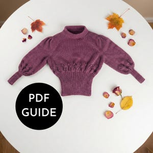 Op de afbeelding: Een pruimkleurige trui met een hoge halslijn en pofmouwen. De trui heeft een geribbelde tailleband en decoratieve stiksels. De afbeelding bevat een zwarte cirkel met de tekst "PDF GUIDE", samen met herfstbladeren en rozenblaadjes.