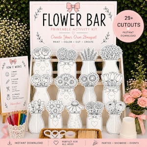 DIY Flower Bouquet Activity | Flower Bar Printable Kit Kids Craft Station|Baby Shower Printable | Classroom Craft | Flower Coloring Activity