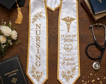 Personalized Embroidered Nursing Graduation Stole, Custom Graduation Embroidered Sash with Name, Class of 2026 Embroidery Flag