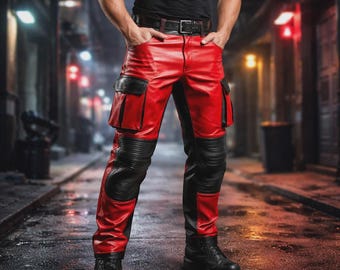 Red and Black Moto Biker Leather Pants for Men – Genuine Leather Slim Fit Riding Trousers, Designer Streetwear & Motorcycle Gear