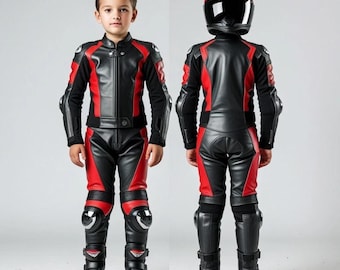 Traje de moto de cuero para niños – Conjunto de motociclista de carreras negro y rojo – Traje de moto de cuero auténtico para niños – Equipo de protección para montar en moto