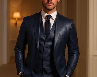 Men's Genuine Leather Three-Piece Suit – Blazer, Vest, Pants Set – Custom Slim Fit Outfit