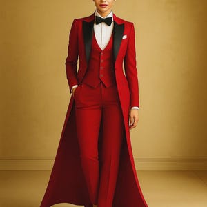 May include: A vibrant red three-piece suit featuring a long tailcoat with black lapels, a matching vest, and slim-fit trousers. The ensemble includes a crisp white button-down shirt, a black bow tie, and a small white pocket square in the jacket.
