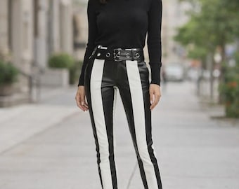 Zwart-witte damesbroek van echt leer – Slim-fit leren broek, designerbroek met hoge taille, stijlvolle tweekleurige modekleding