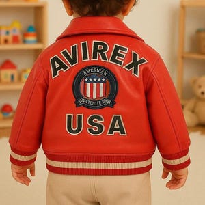 Puede incluir: Chaqueta de cuero roja con el texto "AVIREX AMERICAN USA" en la espalda. La chaqueta tiene un estilo universitario clásico con puños y dobladillo a rayas blancas y beige. La chaqueta presenta un parche con estrellas y rayas.