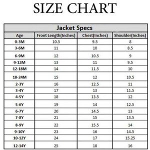 May include: A size chart for children's jackets, with measurements in inches. The chart includes age ranges from 0-3 months to 12-14 years, detailing front length, chest, and shoulder measurements for each size.