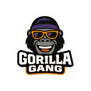 May include: A sticker featuring a smiling gorilla wearing orange sunglasses and a purple headband. The text "GORILLA GANG" is displayed in a bold, white font with an orange outline.