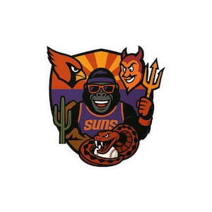 May include: A sticker featuring the Arizona Suns team logo. The design includes a gorilla wearing sunglasses and a jersey with the word "Suns", a red cardinal, a devil with a trident, and a snake with a baseball.
