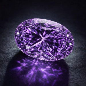 Peut inclure: Une pierre précieuse taillée en forme ovale, de couleur violette. La gemme est très réfléchissante, avec un motif en étoile émanant du centre. La gemme projette une ombre à motifs sur une surface sombre.