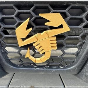 Może przedstawiać: Złoty emblemat skorpiona, prawdopodobnie odznaka samochodowa, zamontowany na czarnej kratce o strukturze plastra miodu. Skorpion to stylizowany wzór z dopracowanym korpusem i szczypcami. Tło to czarny plastikowy zderzak.