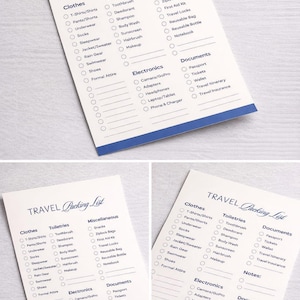 May include: A white paper travel packing list with blue accents. The list is divided into categories: Clothes, Toiletries, Miscellaneous, Electronics, and Documents. Each category has a checklist of items to pack, such as T-shirts, toothbrush, snacks, and passport.