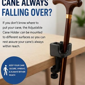 May include: A brown wooden cane with a curved handle is held by a black adjustable cane holder clamped to a wooden table. Text reads "CANE ALWAYS FALLING OVER?" and "KEEP YOUR CANE SECURE, UPRIGHT, & ALWAYS WITHIN REACH."