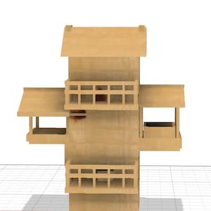 Könnte beinhalten: Eine hellfarbene Holzstruktur mit einem zentralen Turm mit Spitzdach, zwei seitlichen Plattformen mit Dächern und zwei Balkonen mit Geländern. Das Design umfasst eine vertikale Mittelsäule mit horizontalen Erweiterungen und Holzmaserung.