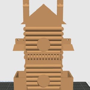 May include: A light brown, multi-tiered structure featuring a log-cabin style design with two circular openings, two small balconies, and two side compartments. The object has a peaked roof section and vertical mounting brackets at the top.