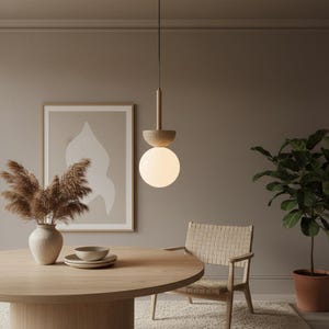 Wisząca lampa z betonu Globe | Drewniana lampa minimalistyczna | Lampa do jadalni Japandi Boho