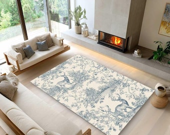 Vintage Blue Toile Deer Rug, Classic French Country Aesthetic Carpet, Elegant Nature Area Rug, Toile De Jouy Living Room Floor Mat, Gift