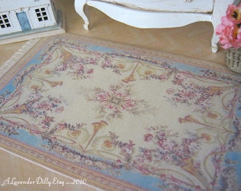 M Blue Aubusson Fringed Rug for Dollhouse.