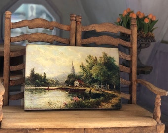 Miniature Painting English Countryside Breanski Victorian Wooden Panel for Dollhouse 1/12th scale Miniature