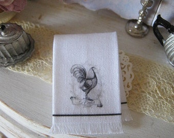 French Rooster Fringed Kitchen Towel for Dollhouse, 1:12 scale miniature