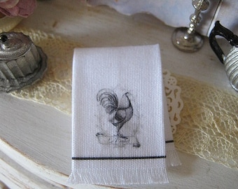 French Rooster Fringed Kitchen Towel for Dollhouse, 1:12 scale miniature