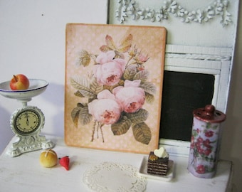 Vintage Pink Roses Sign, Print for Dollhouse