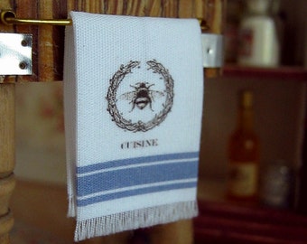 Blue French Country Bee Tea Towel for Dollhouse, 1:12 scale