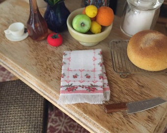 Vintage Cherry Fringed Tea Towel for Dollhouse, 1:12 scale